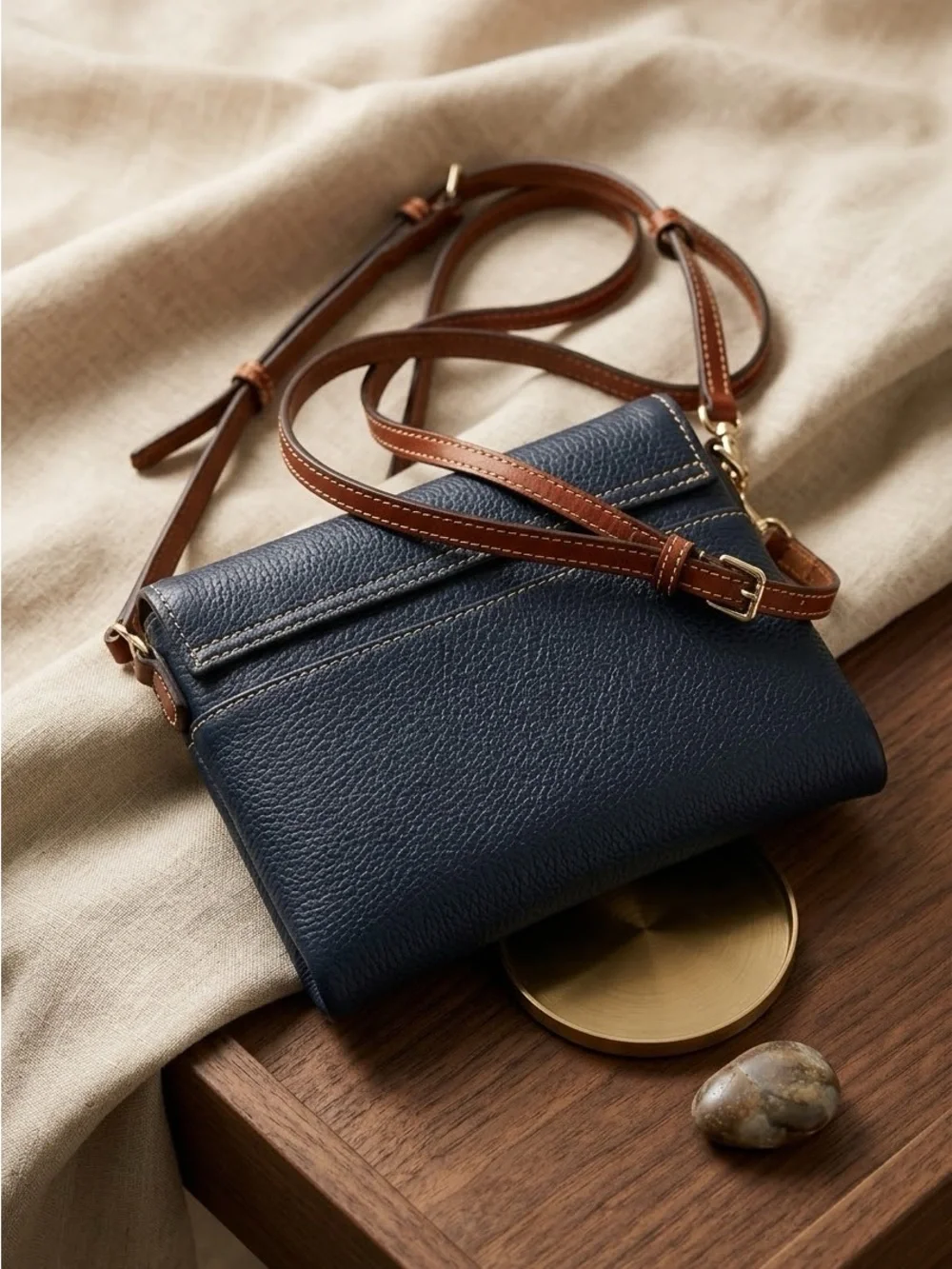 Dooney & Bourke Navy Pebble Leather Crossbody with Brown Strap